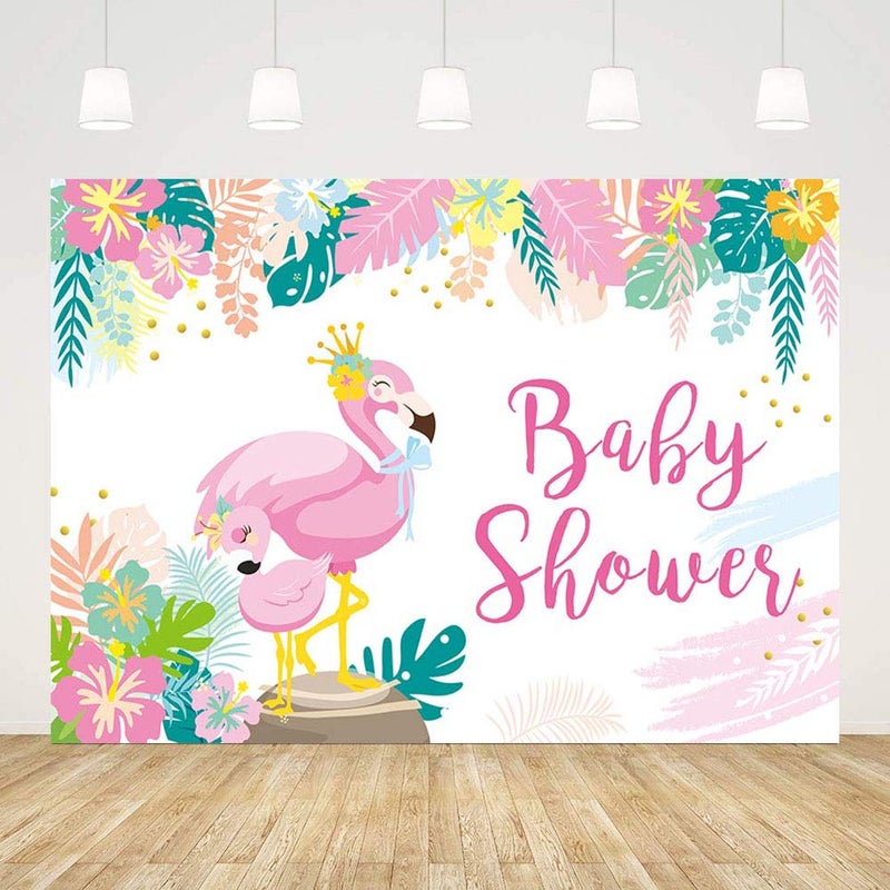 MEHOFOND Flamingo Theme Girl Baby Shower Party Decoration Backdrop Summer Pink Tropical Leaves Flamingo Gift Table Supplies Photography Background 7x5ft - Image 2